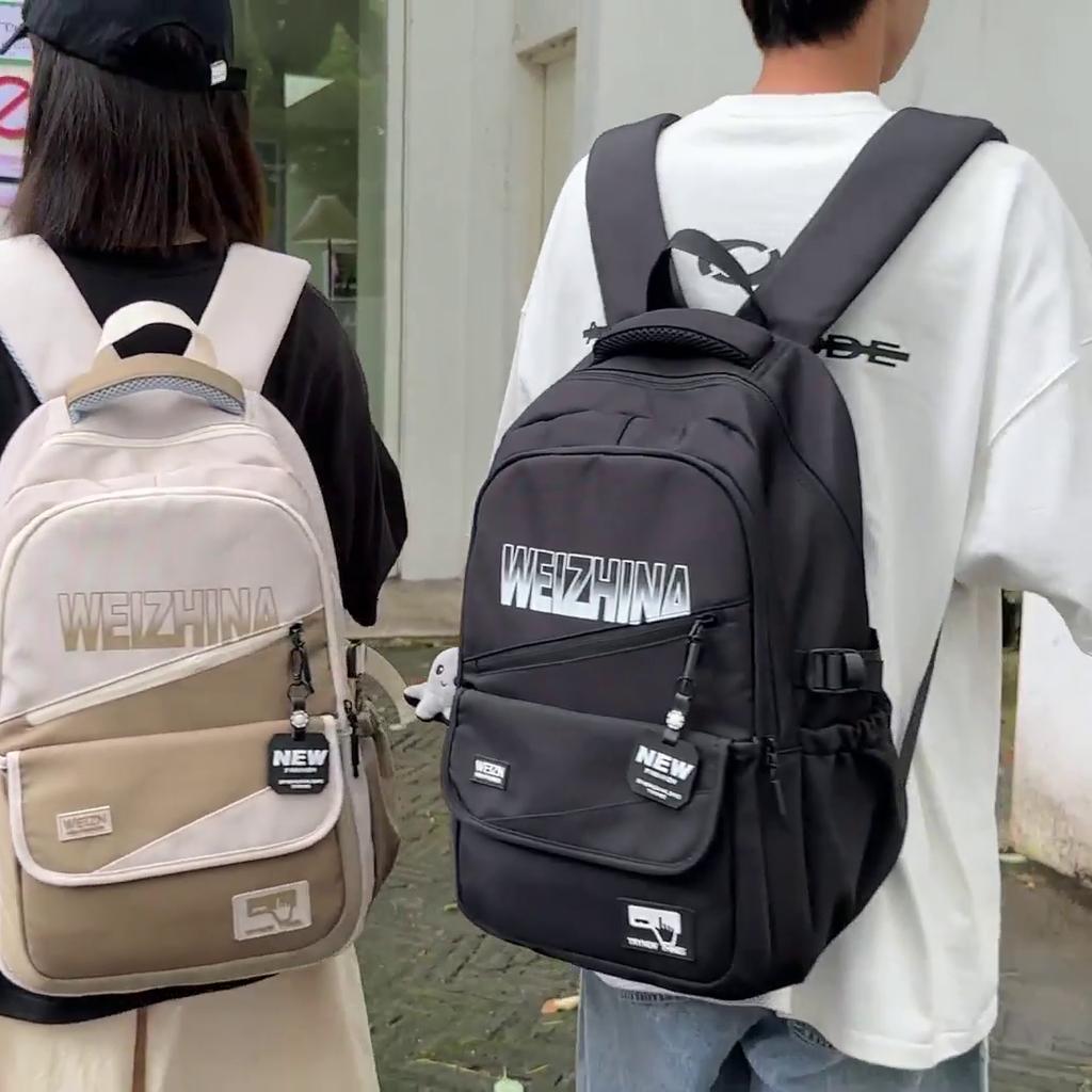 Men Large Capacity Backpack Color Block Campus Style Student Computer Travel Backpack Women Letter Backpack