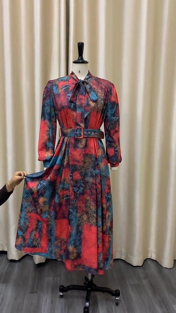 Vintage Style Long Sleeve Dresses Women Bow Collar Long Sleeve Belt Waisted A Line Mid Calf Birthday Party Dinner Vestidos Mujer Dress