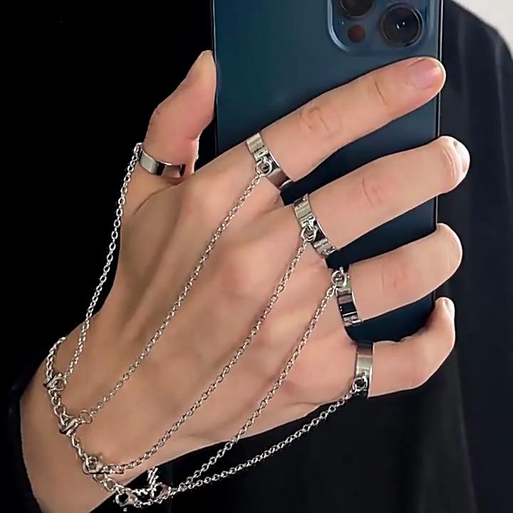 Punk Geometric Black Color Chain Wrist Bracelet Ring For Women Men Open Ring Silver Link Chain Girls Cool Design Fashion Jewelry