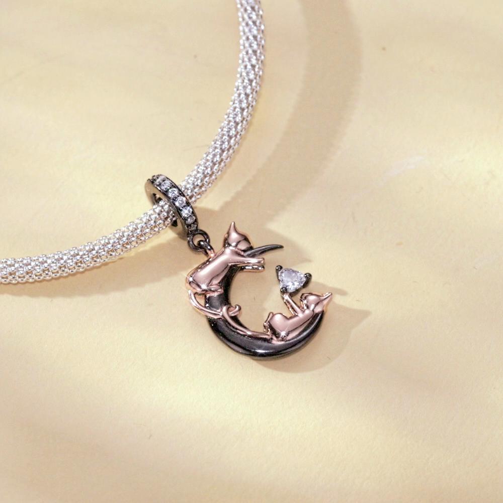WOSTU 925 Sterling Silver Playful Cat Charms Pendant Fit Original Bracelet DIY Jewelry
