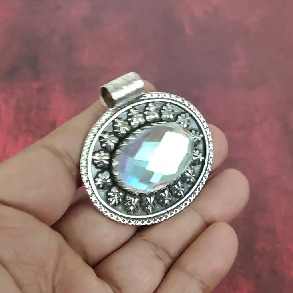 Rainbow Mystic Topaz Pendant, 925 Solid Sterling Silver Gemstone Jewelry, Handmade Pendant, For Thanksgiving