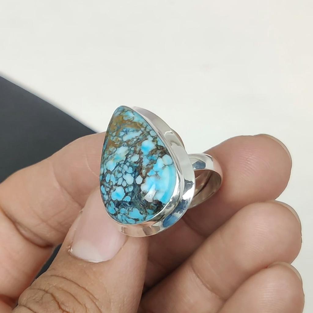 Natural Tibetan Turquoise Adjustable 925 Sterling Silver Ring - Fits US Sizes 6 To 11 - Handmade Boho Jewelry for Women & Men, Party Wear Gifts