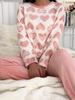 Conjunto de pijama de otoño e invierno con corazón rosa para mujer, pijama cálido y grueso, ropa de dormir larga para niña, trajes de descanso para niña, ropa de hogar de forro polar coral