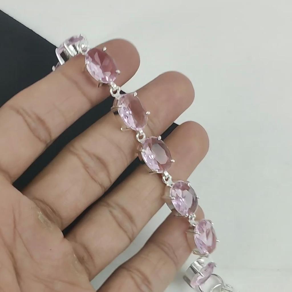 Rosa Kunzit Edelstein Handgefertigt 925 Sterlingsilber Armband, Rosa Kunzit Armband für Ehefrau, Unisex Armband Partykleidung Geschenk