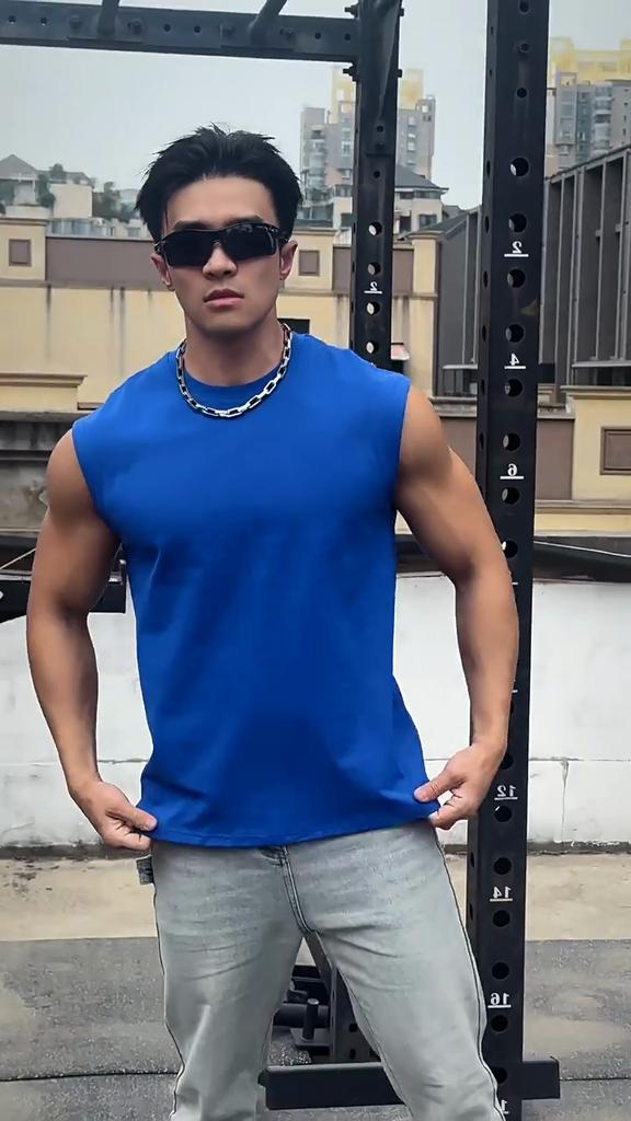 American Style Men's Summer Wide Shoulder Cotton Fitness Vest Casual Sports Running Sleeveless Top