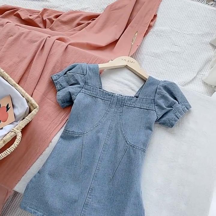Mode Mädchen Denim Kleid Ins Stil Kinder A-Linie Kleid Casual Kleid