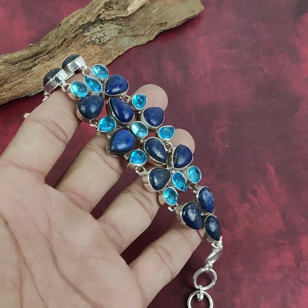 Lapis Lazuli, Blue Topaz Bracelet, 925 Solid Sterling Silver Gemstone Jewelry, Handmade Bracelet For Mother Day