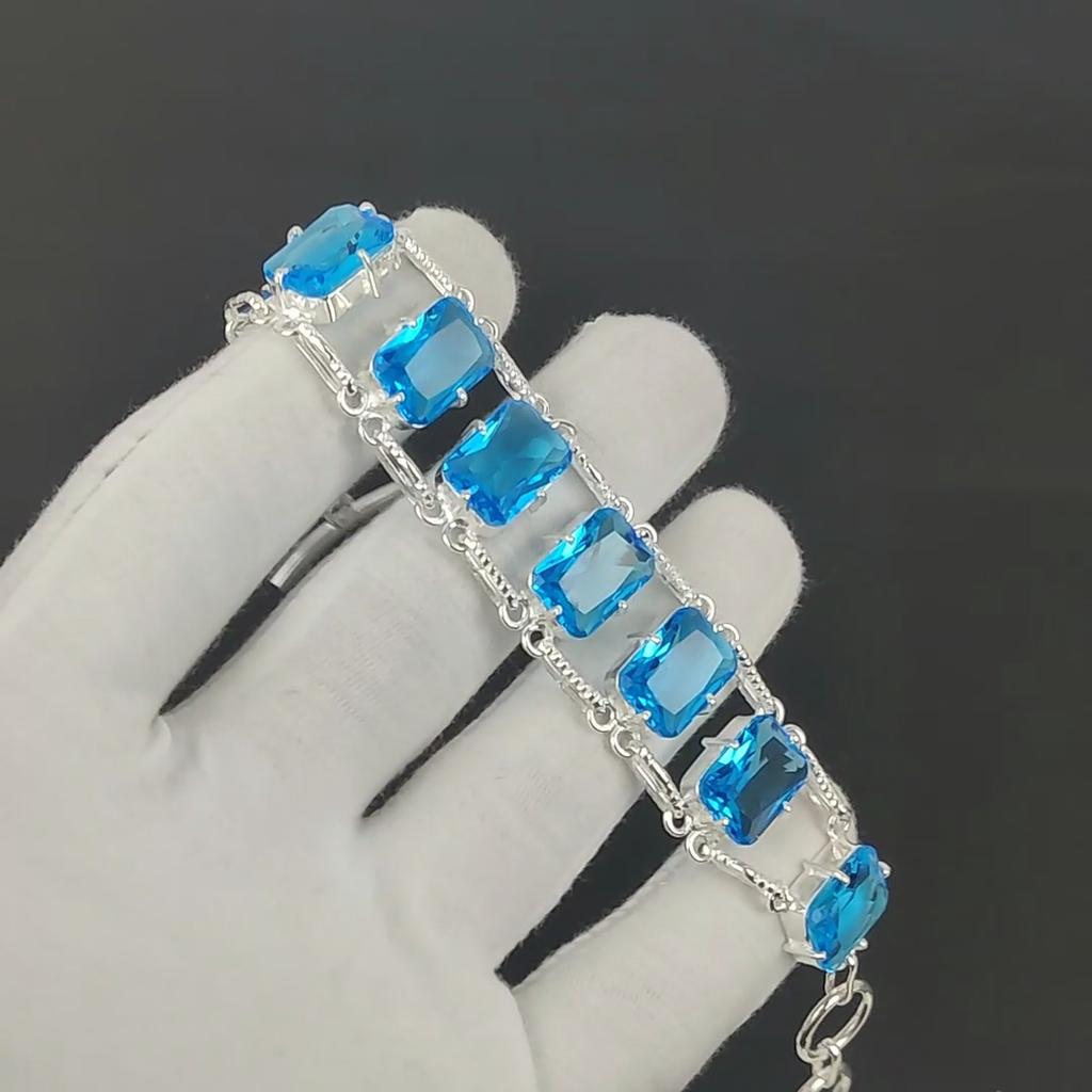 Faceted Blue Topaz Bracelet 925 Sterling Silver Jewelry Adjustable Chain Bracelet Cushion Shape Gemstone Handmade Jewelry Gift For Her