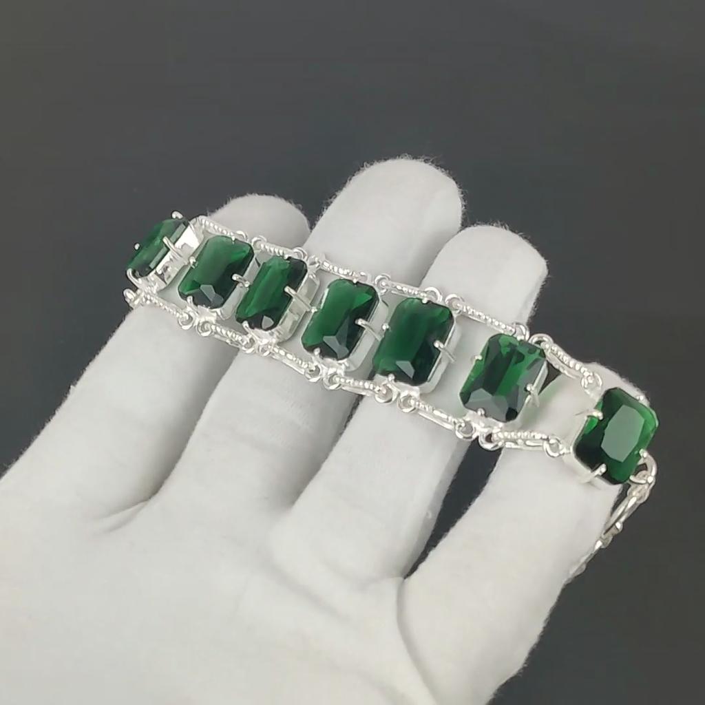 Faceted Green Tourmaline Bracelet 925 Sterling Silver Jewelry Adjustable Chain Bracelet Cushion Shape Gemstone Handmade Jewelry Gift For Her