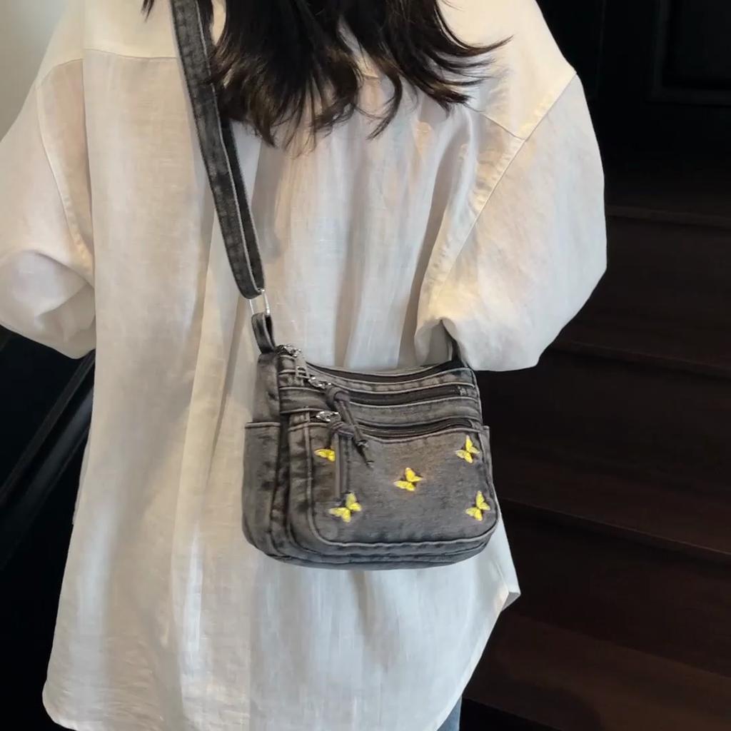 Butterfly Embroidered Denim Crossbody Bag Multi-Layer Mobile Phone Bag Women's Small Square Bag