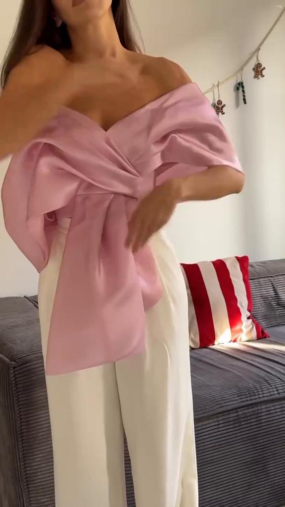 Elegant Satin Top Women Sexy Off Shoulder Backless Pleated Female Club Party Shirts 2024 Spring Summer Street Bow Lace Up Vest