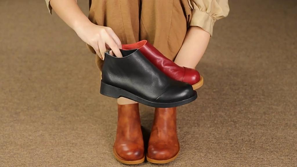 Johnature Handmade Genuine Leather Women's Shoes Round Toe Back Zipper Soft Cowhide Short Boots