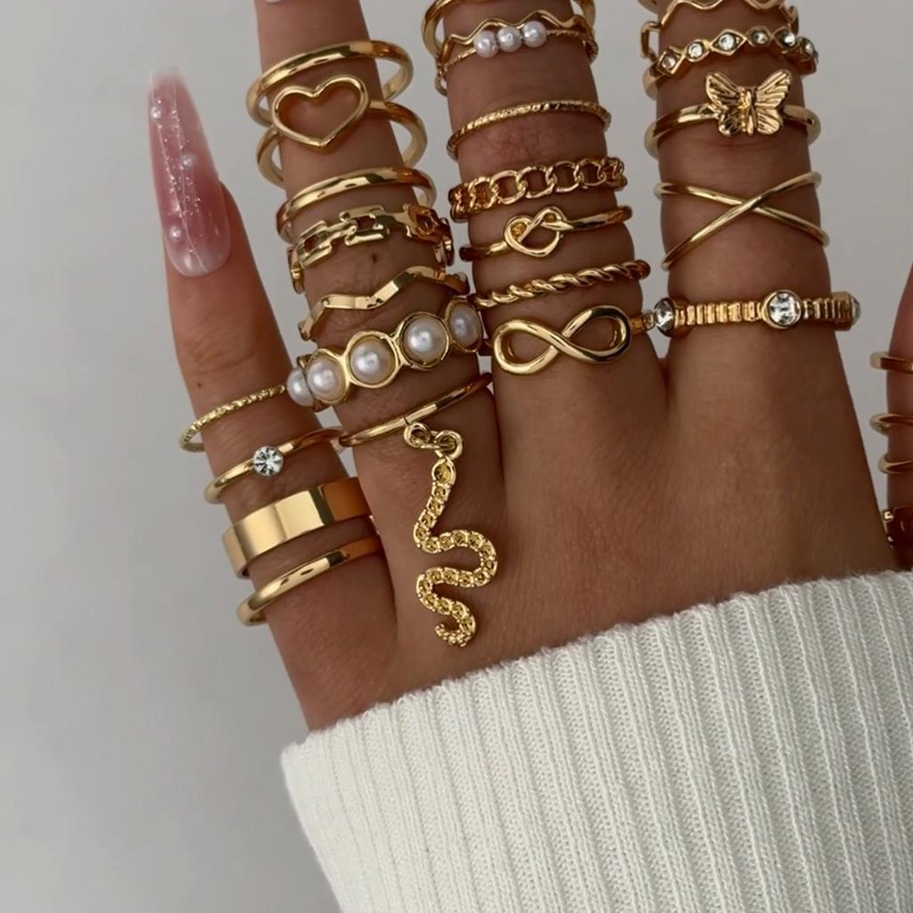 Fashionable European and American Style Imitation Pearl Love Ring Set With Multi Joint Opening Adjustable Female Niche Design Ring