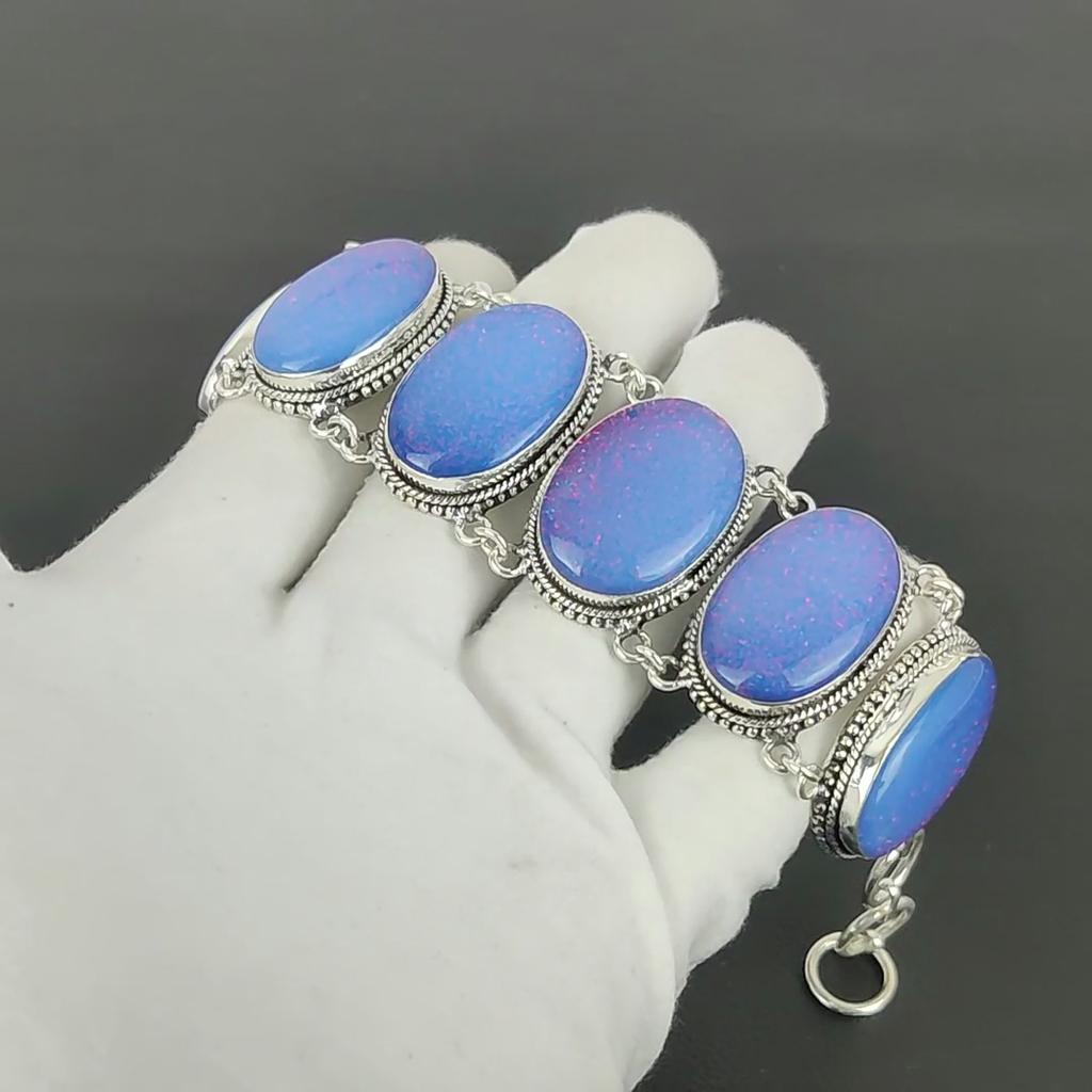 Armband mit blauem, glänzendem Triplet-Opal, handgefertigtes Armband aus 925er Sterlingsilber, Silberschmuck, besonderes Geschenk