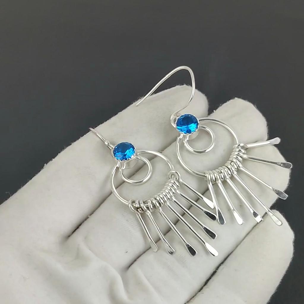 Siwss Blue Topaz Gemstone Hook Earrings 925 Sterling Silver Earring, Handmade Boho Silver Jewelry Dangle Earrings, Party Wear Gift