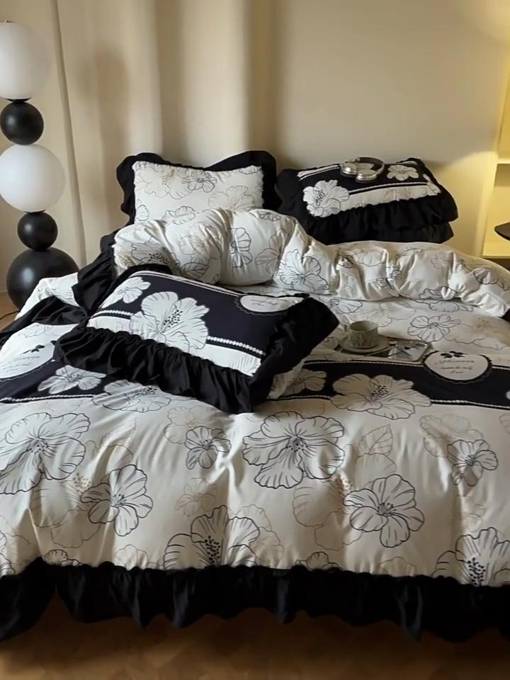 Black Lace Princess Wind French Washed Cotton Four-piece Quilt Cover Quilt Cover Sheet