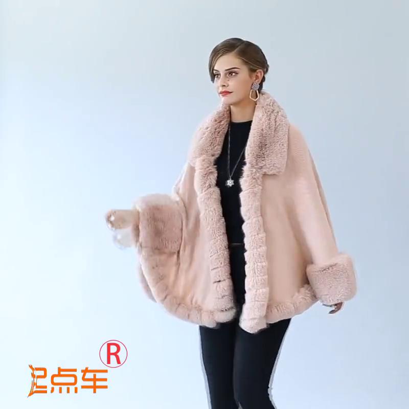 Winter Batwing Sleeves Soild Cloak Women Warm White String Faux Rabbit Fur Collar Poncho Cape Knitted Outstreet Shawl Coat