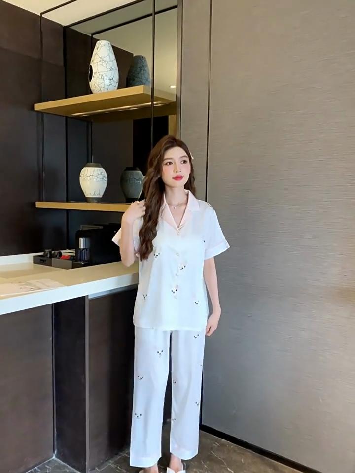 Women's Summer Comfortable Ice Silk Loungewear Set 2 Piece Short Sleeve Long Pants Pajamas Set Casual Printed Homewear