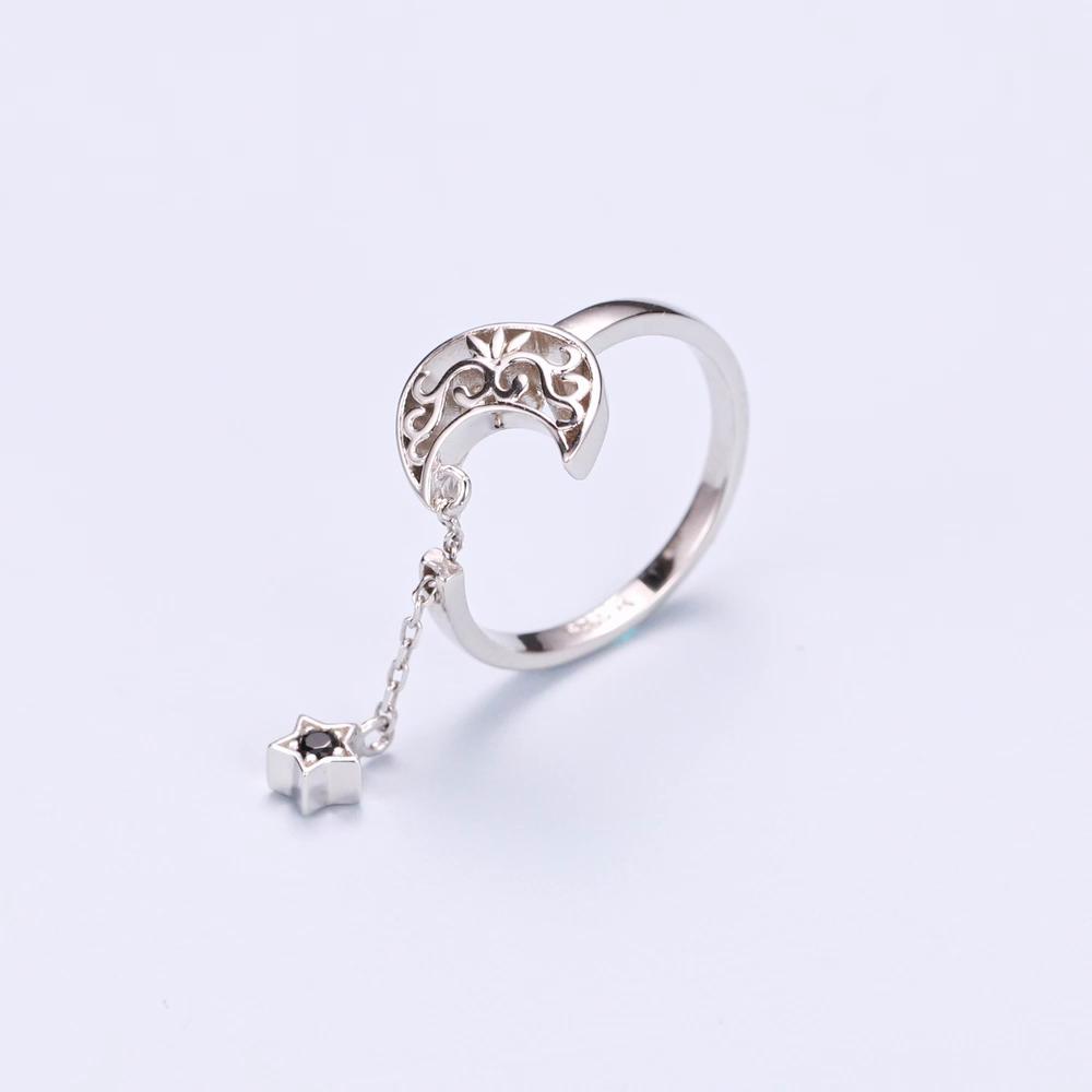 BAMOER Genuine 925 Sterling Silver Moon And Star Long Chain Star Adjustable Finger Ring