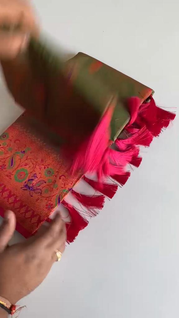 Paithani Silk Sarees  with Unique Peacock Motifs and Meenakari Work Having Contrast Pallu and Designer Contrast Border. With Tassels.