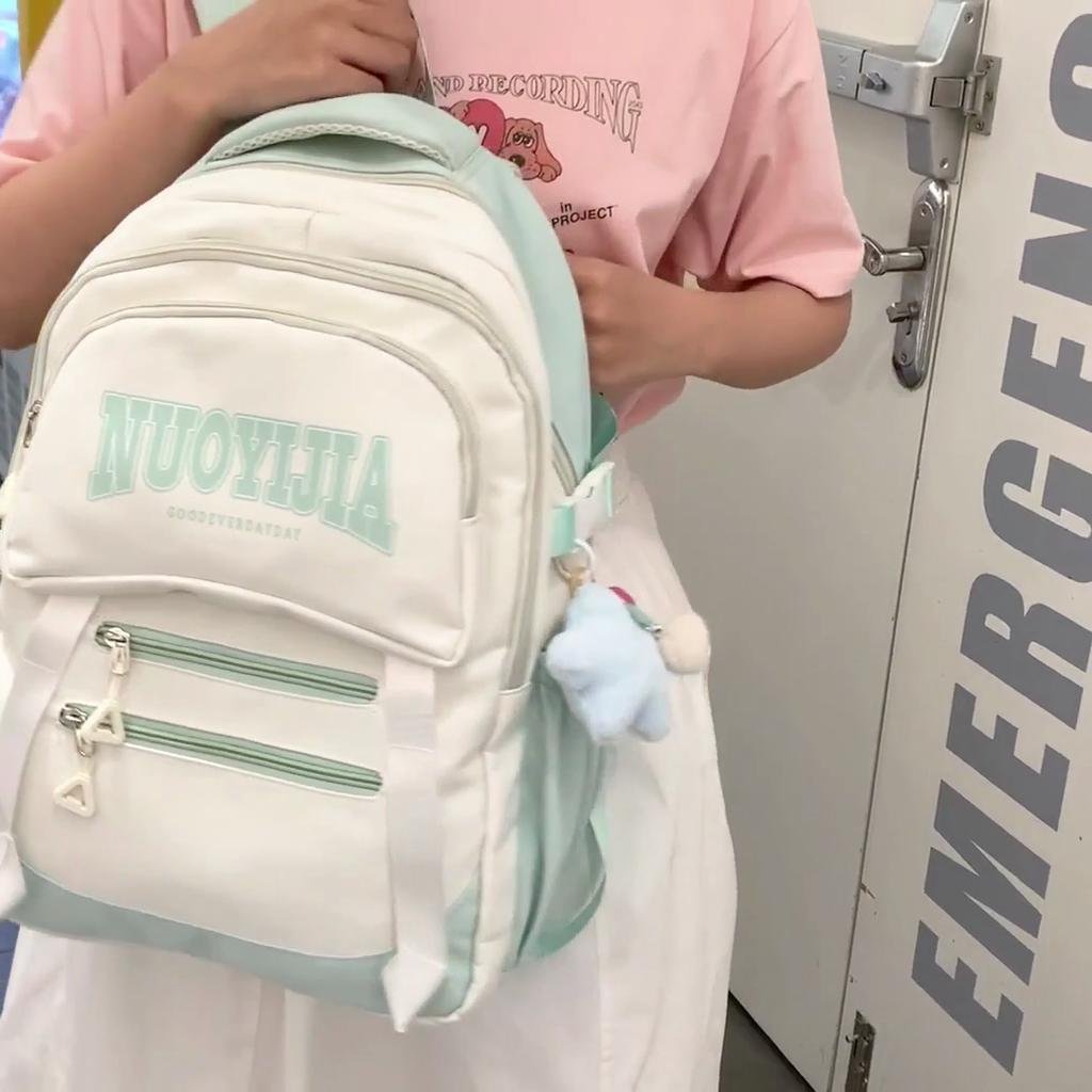 Women's Nylon Backpack Letter Large Capacity Student Schoolbag Color Block Backpack