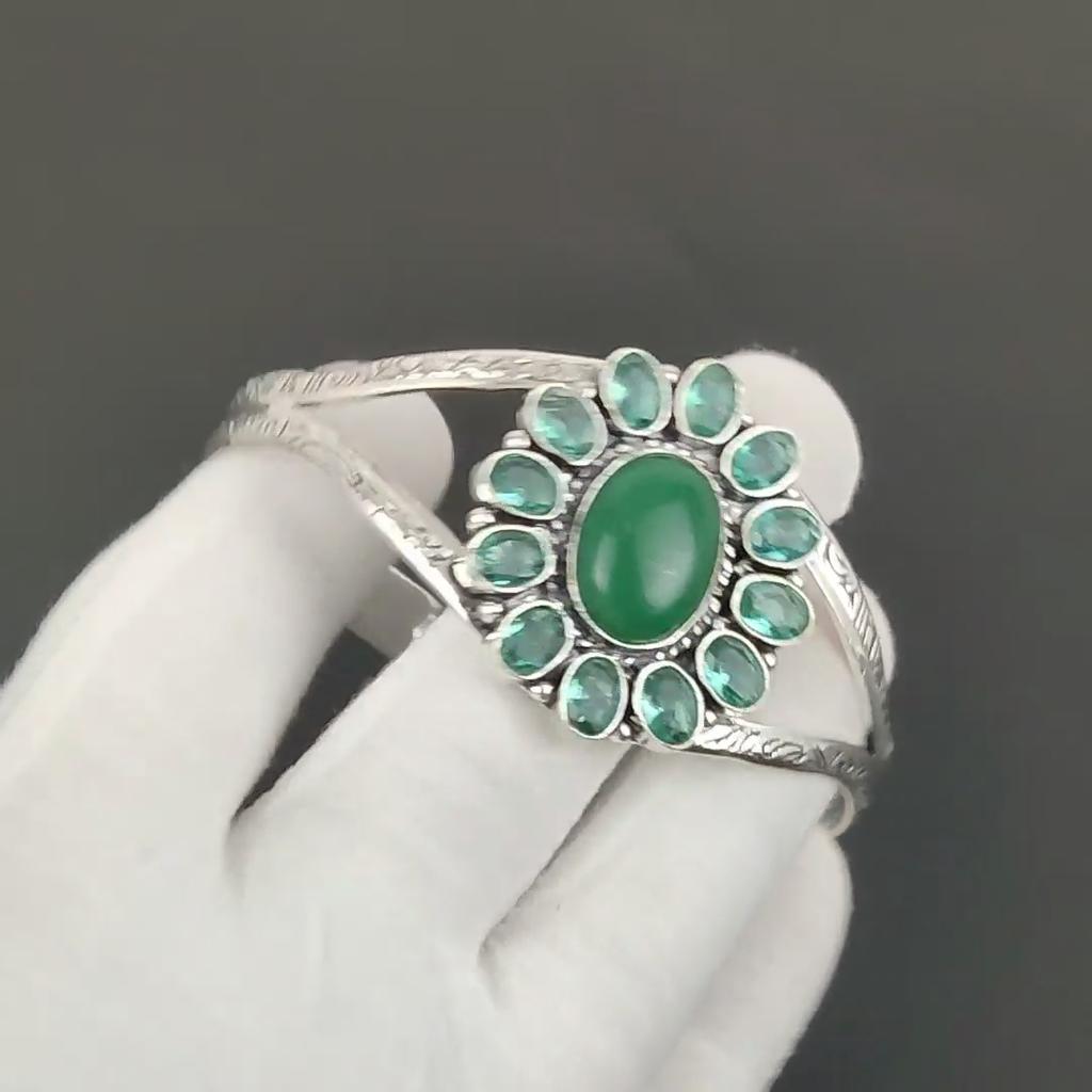 Green Onyx Gemstone Handmade Cuff Bangle 925 Sterling Silver Cuff Bangle, indicolite Flower Shape Bracelet For Wife, Unisex Bangle, Wife Gift