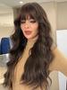 Women’s Extra Long Big Wavy Brown Wig Fluffy Daily Wear Synthetic Rose Net Full Wig with Bangs