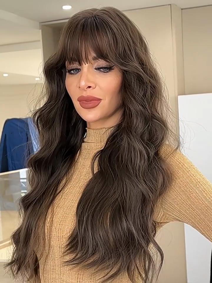 Women’s Extra Long Big Wavy Brown Wig Fluffy Daily Wear Synthetic Rose Net Full Wig with Bangs
