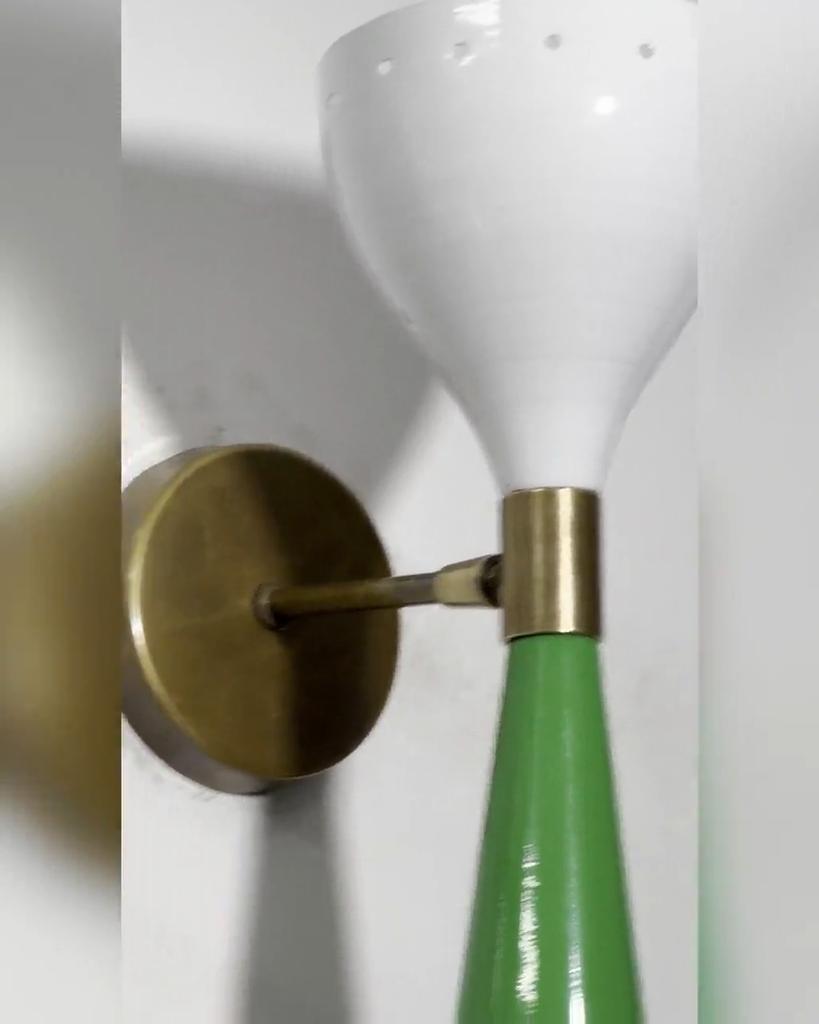 Mid Century Diabolo Wall Sconce: Brass, Green & White, Set of 2