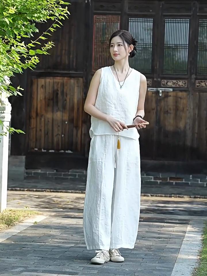 Johnature Women Vintage Pants Summer Chinese Style Solid Color Elastic Waist Trousers Loose Pockets Wide Leg Pants
