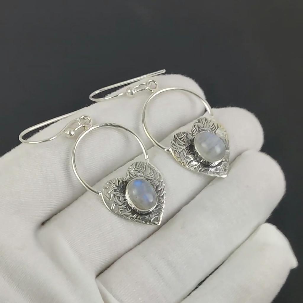 Natürliche Regenbogen Mondstein Herz Form Ohrringe, 925 Sterling Silber Ohrringe, Handgemachte Boho Silber Schmuck Ohrhänger, Verlobungsgeschenk