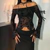 New Elegant Women's Black Floral Mesh Off Shoulder Flared Sleeve T-shirt Top for Women