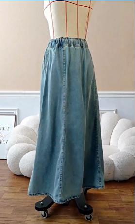 Elastic Waist Denim Swing Skirts Women Casual Long Skirt with American Design