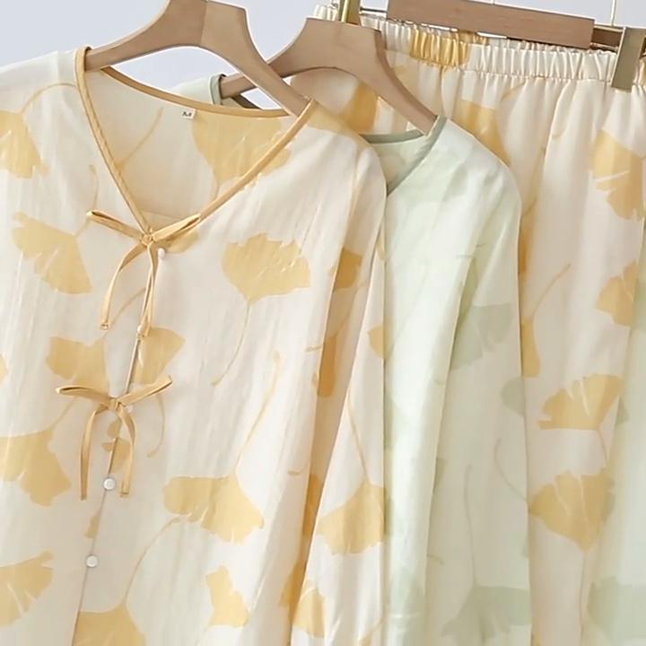 Spring / Autumn Pastoral Women's Pajamas Thin Cotton Double-layer Gauze Nine-quarter Sleeve Loungewear V-neck Pajama Sets for Women 2 Piece