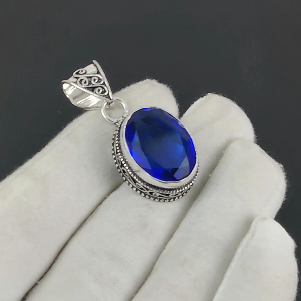 Dainty Blue Sapphire Gemstone Silver Pendant in 925 Sterling Silver - Handmade Oval Design, Everyday Wear Jewelry Party Wear Gift