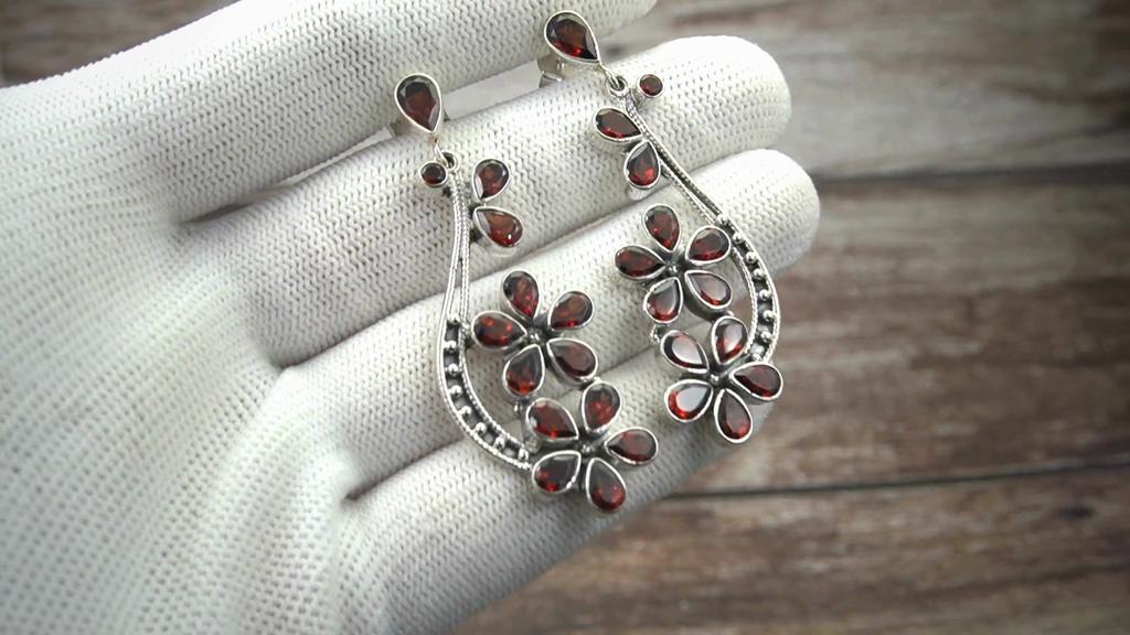 925 Sterling Silver Garnet Flower Dangle Earrings – Handmade Red Gemstone Long Drop Earrings for Women, Statement Wedding Earrings for Women