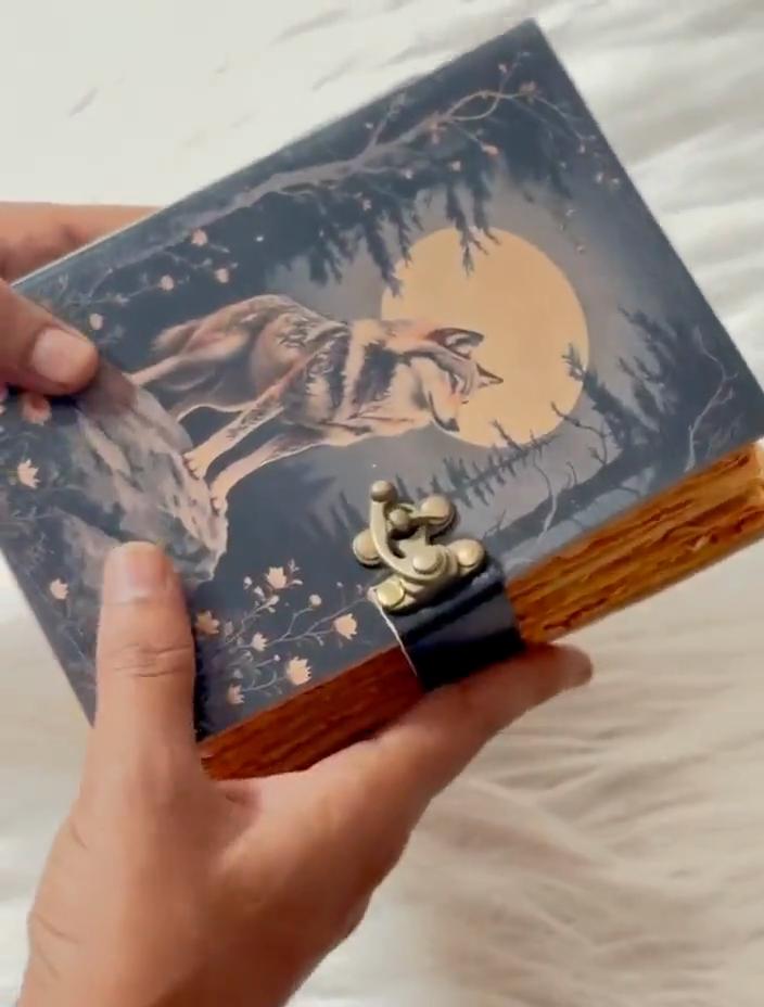 Lunar Wolf Grimoire – Handcrafted Vintage Book with Lock | Leather Notebook with Wolf & Moon Cover | Aesthetic Gothic Book | Grimoire Book