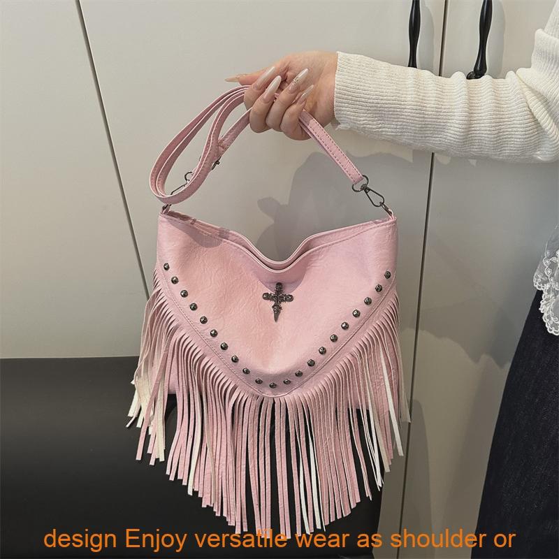 Bohemian Fringe Single Shoulder Bag With Rivets Pu Material For Casual Day Use