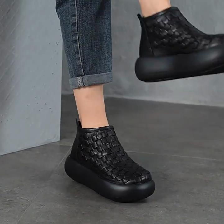 Johnature Retro Handmade Woven Genuine Leather Ankle Boots Women's Platform Shoes