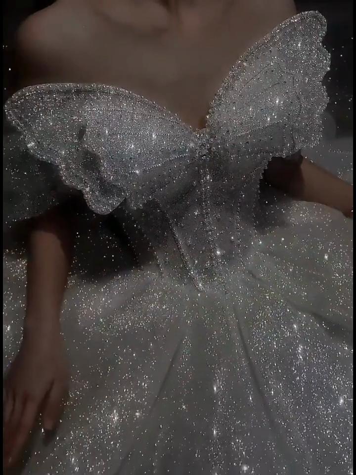 French Bow Strapless Wedding Dress - Sparkling Luxe Bridal Gown, Glitter Tulle Princess Ball Gown with Corset