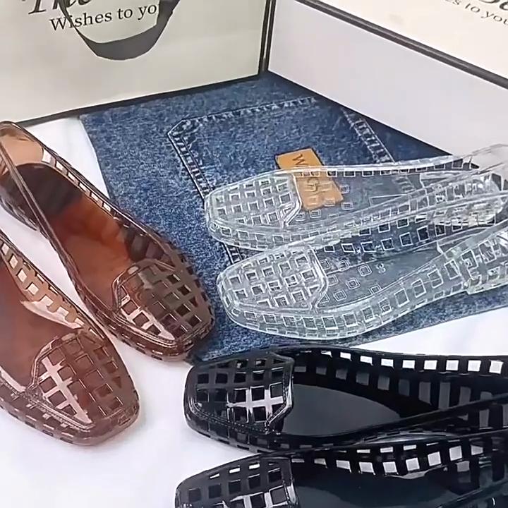 Chaussures en Gel pour Femmes Bout Carré Sandales Plates Semelle en PVC à Enfiler Chaussons Décontractés d'Extérieur