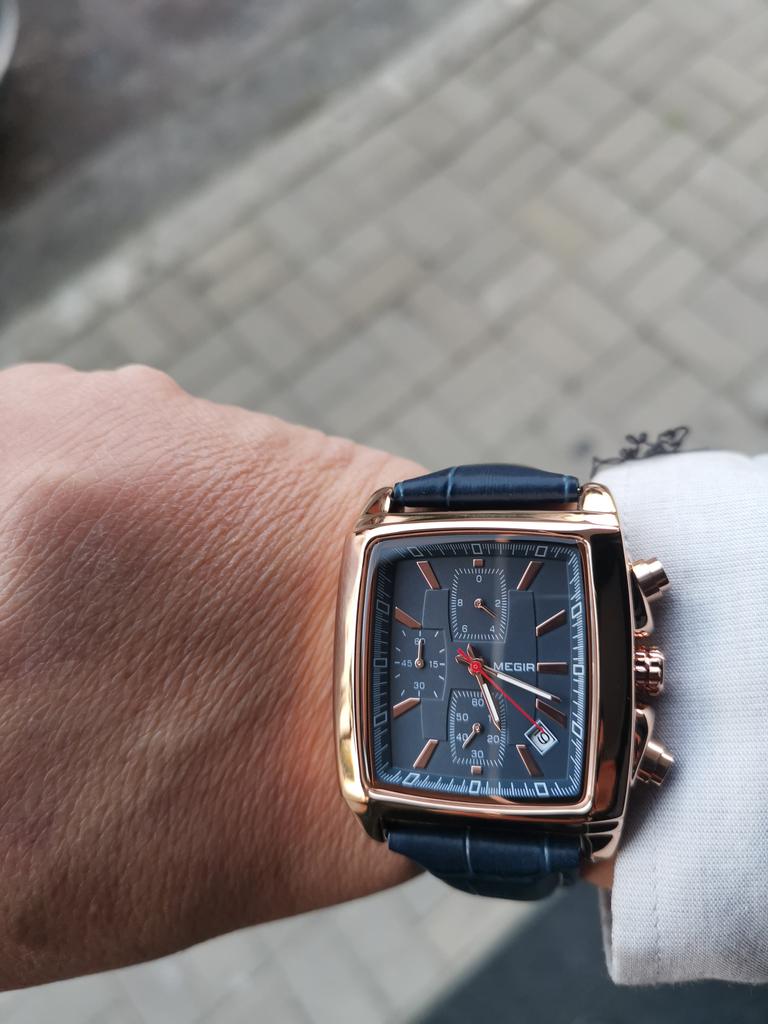 Orologio Uomo MEGIR Cronografo Rettangolare - Blu, Quarzo, Cinturino In Pelle, Luminescente