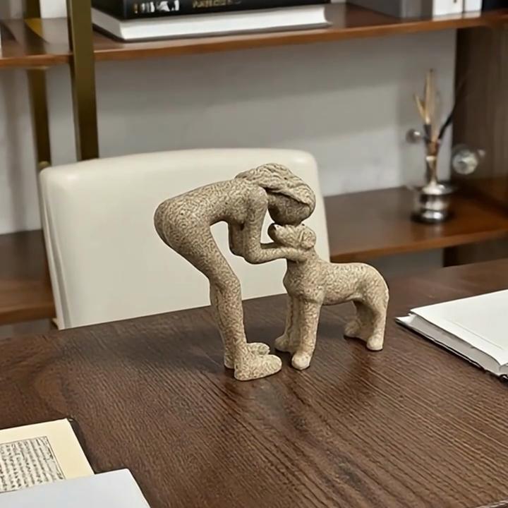 A Woman Kissing a Small Dog Resin Figurine a Warm Pet Interaction Scene Sculpture Sandstone Resin Ornament
