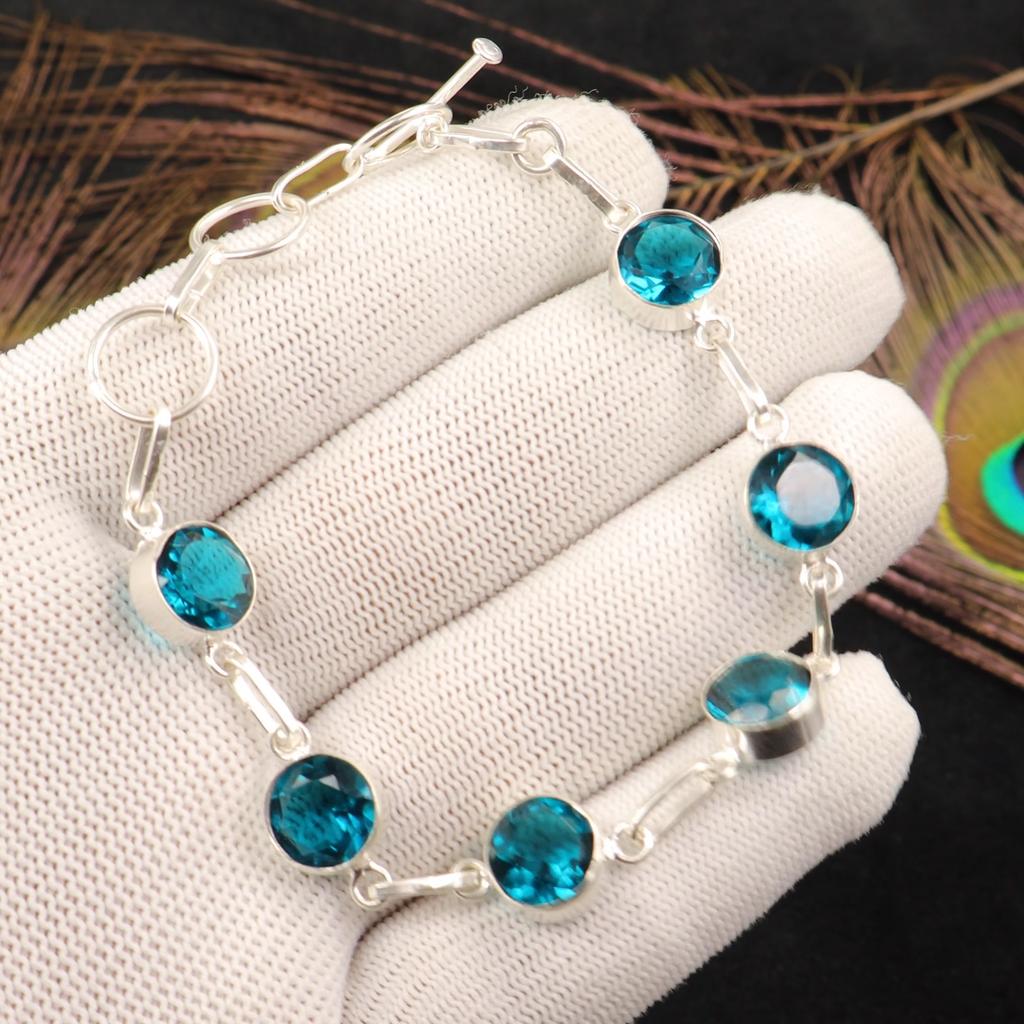 Blue Apatite Gemstone 925 Sterling Silver Jewelry Handcrafted Stylish Bracelet RB-14-14