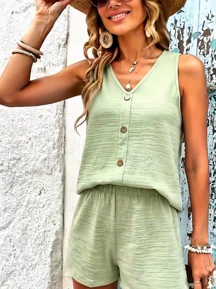Dvoudílný set, Mírně pružná látka Top s výstřihem do V s detaily falešných knoflíků, Top bez rukávů a šortky, Ležérní dovolená.
