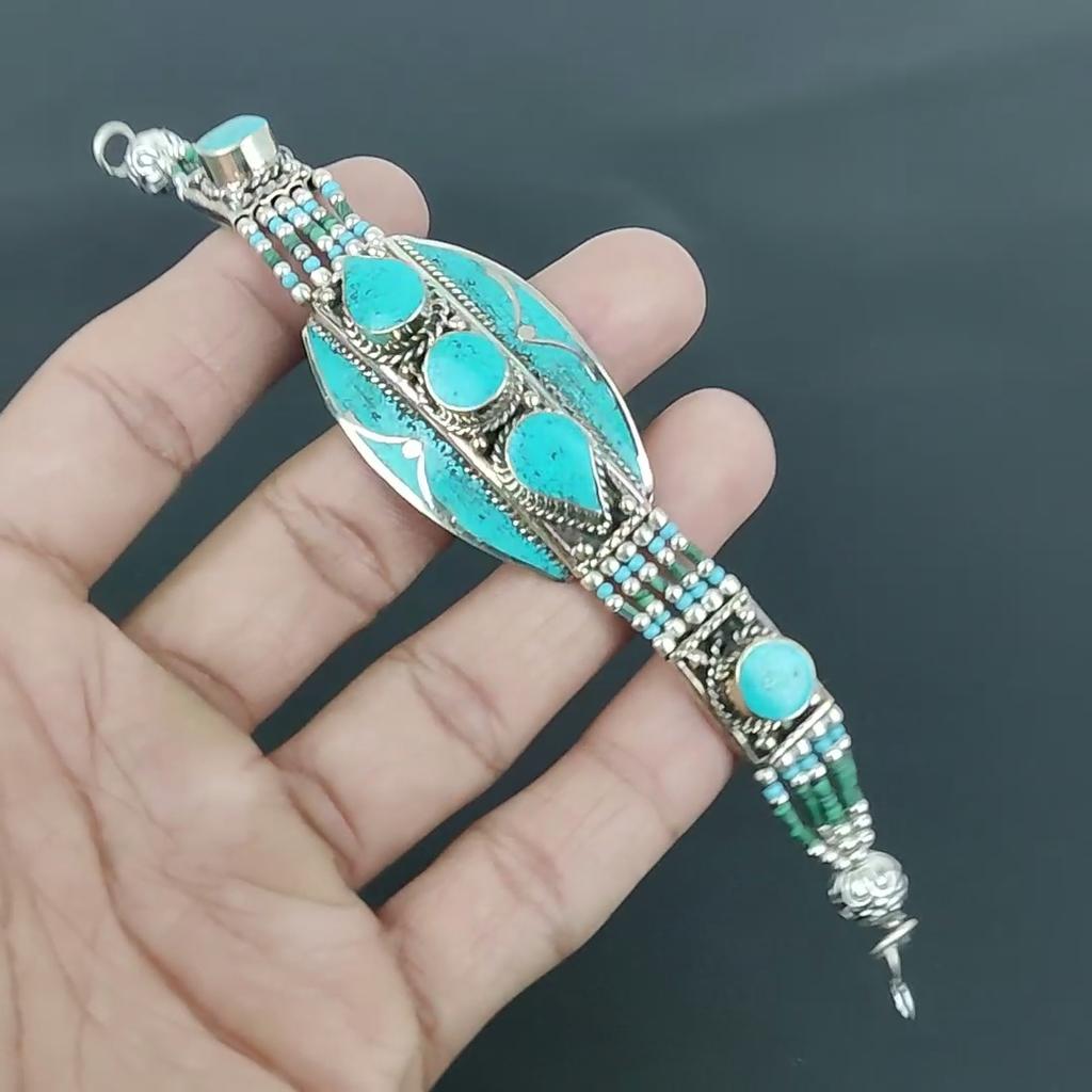 Brățară Turcoaz Argint Sterling 925 Brățară Argint Tibetan Brățară Handmade Bijuterii Asiatice Nepal Bijuterii Bohème Statement Bijuterii Charm Baho