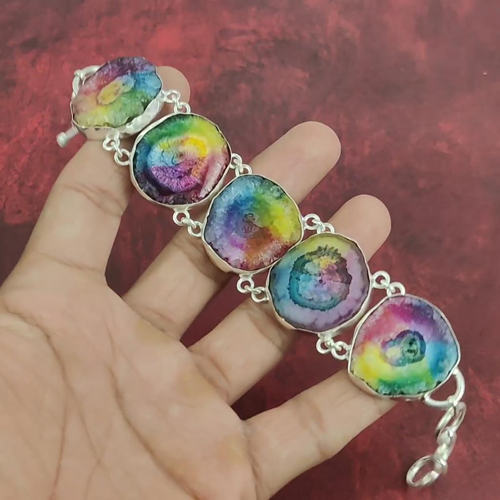 Rainbow Solar Druzy Gemstone Jewelry, 925 Solid Sterling Silver Jewelry, Handmade Bracelet Gift For Love, Druzy Jewelry