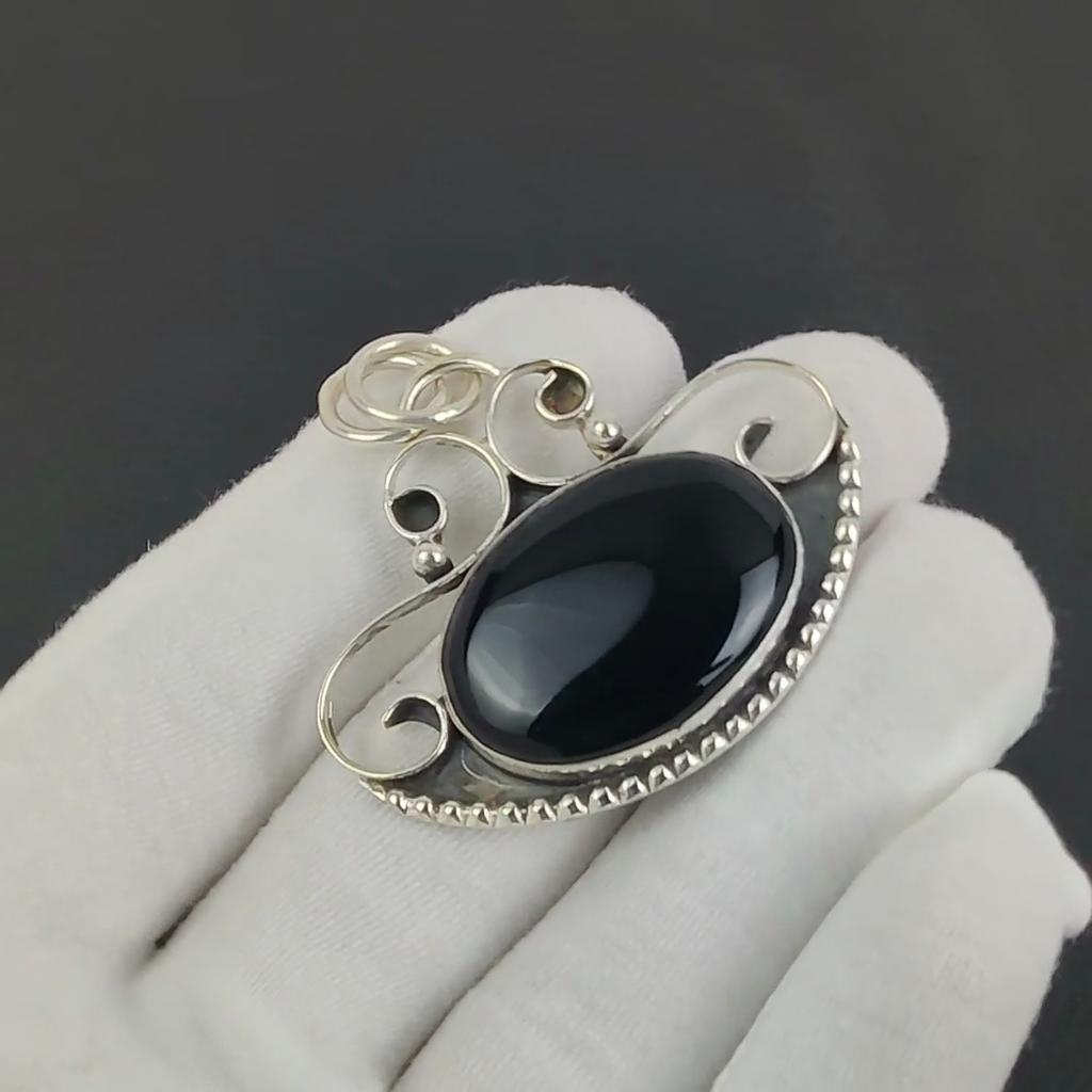 Natural Black Onyx Gemstone Silver Pendant In 925 Sterling Silver - Handmade Design, Everyday Wear Jewelry Thanksgiving Gift