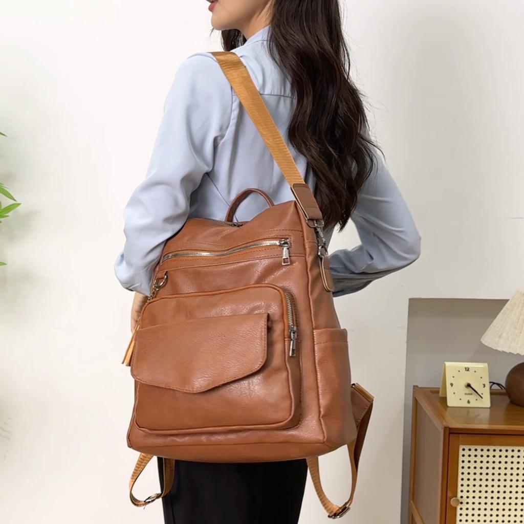 Women's Tassel Backpack Large Capacity PU Retro Backpack