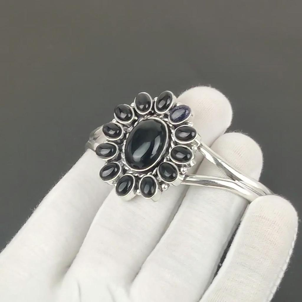 Natural Black Onyx Gemstone Handmade Cuff Bangle 925 Sterling Silver Cuff Bangle, Blue Sunstone Flower Shape Bracelet For Wife, Unisex Bangle